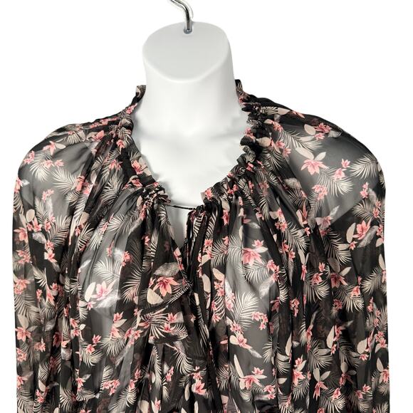 Victoria's Secret Duster M/L Black Pink Floral Sheer Chiffon Ruffle Trim Kimono - Picture 2 of 9